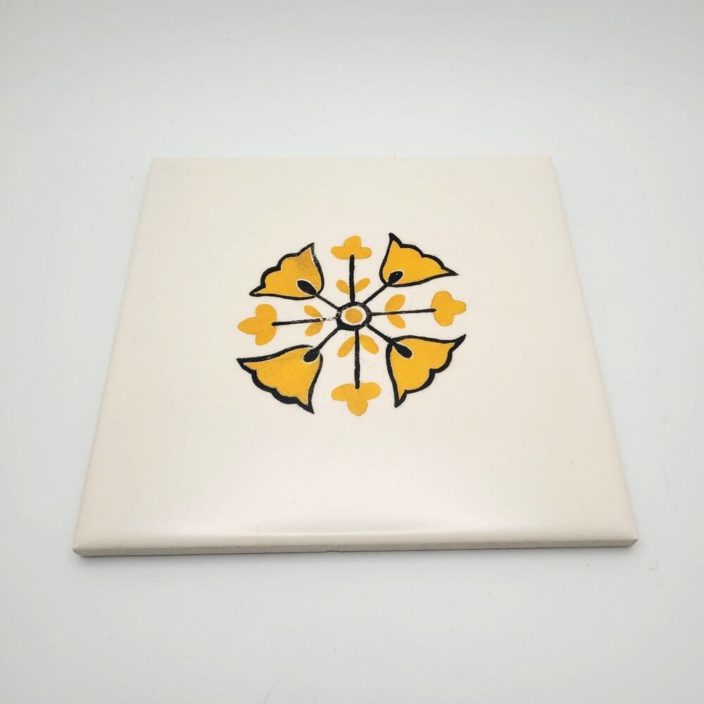 Vintage Mosiac Ceramic Art Tile Trivet Wall Plaque Yellow Geometric Mid-Century